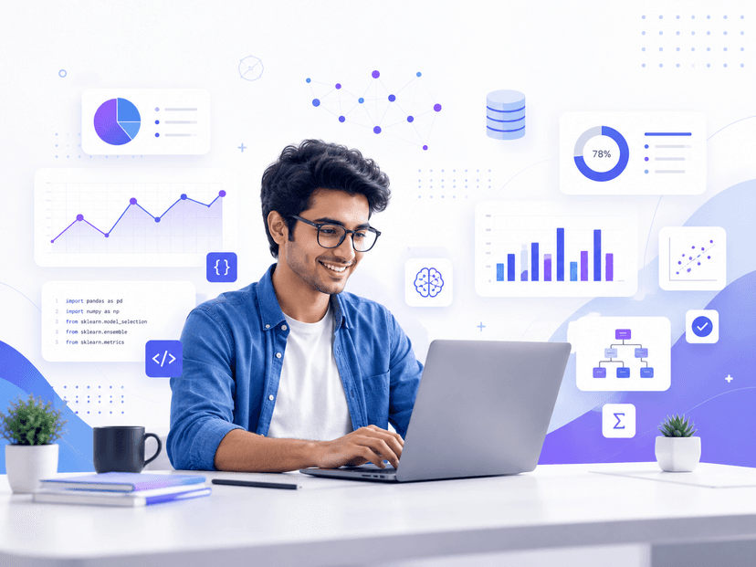 Ilustrasi kursus data science dengan grafik dan kode Python
